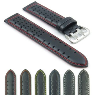 380.1.6 Perforated Leather Rally Watch Strap in Black with Red S