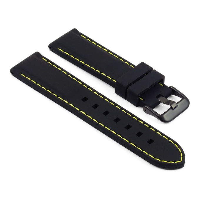 pu1.1.10.mb Rubber Strap with Contrast Stitching with Matte Black Tang Buckle in black with yellow stitching