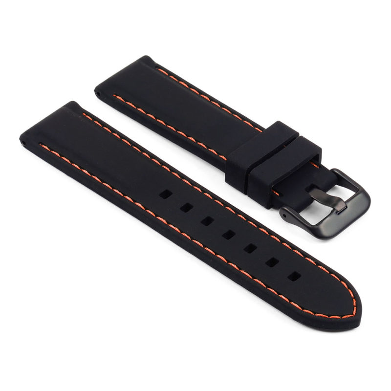 pu1.1.12.mb Rubber Strap with Contrast Stitching with Matte Black Tang Buckle in black with orange sticking