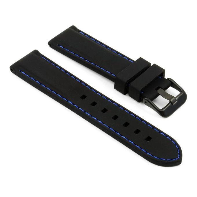 pu1.1.5.mb Rubber Strap with Contrast Stitching with Matte Black Tang Buckle in black with blue stitching