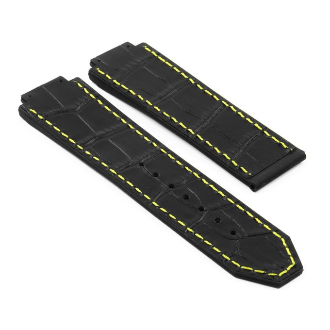 p622.1.10 DASSARI Croc Embossed leather Strap for Hublot Big Bang in Black W Yellow Stitching