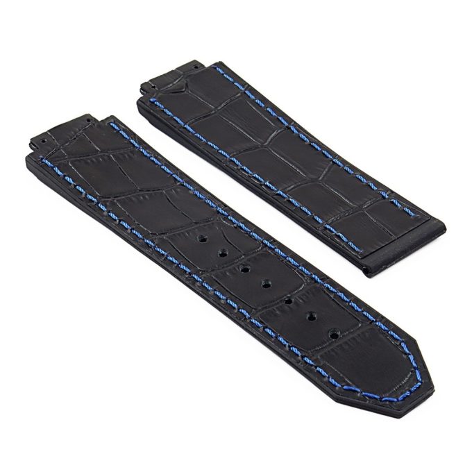 p622.1.5 DASSARI Croc Embossed leather Strap for Hublot Big Bang in Black W Blue Stitching