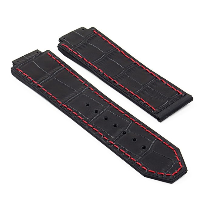 p622.1.6 DASSARI Croc Embossed leather Strap for Hublot Big Bang in Black W Red Stitching
