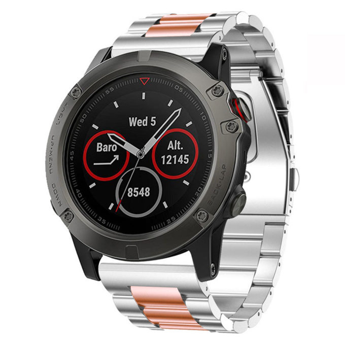 G.m7.ss.rg Stainless Steel H Link Band For Garmin Fenix 3 In Polished And Rose Gold