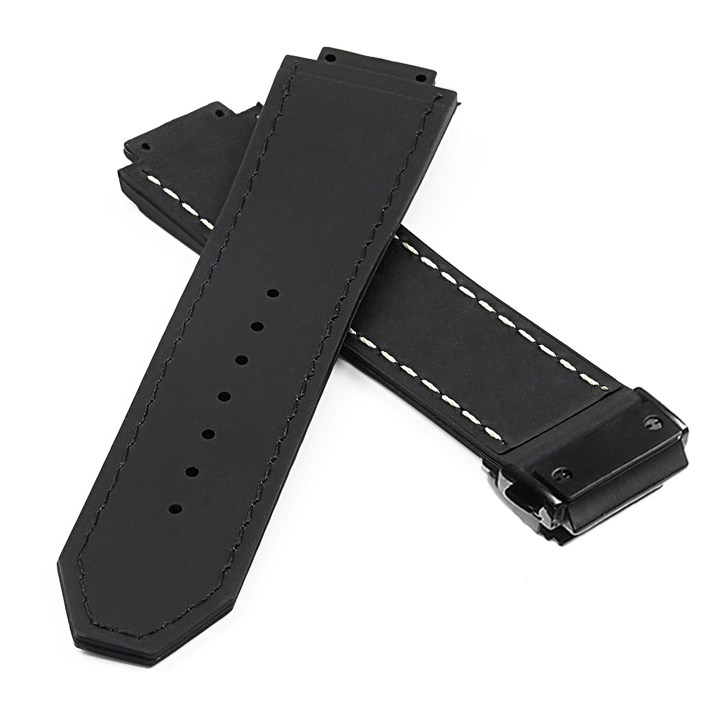 DASSARI Distressed Leather & Rubber Strap for Hublot Big Bang Matte Black Clasp