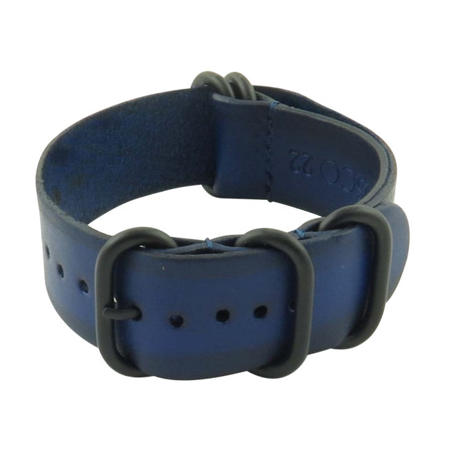 Distressed Leather Nato Strap In Blue With Heavy Duty Matte Black Rings