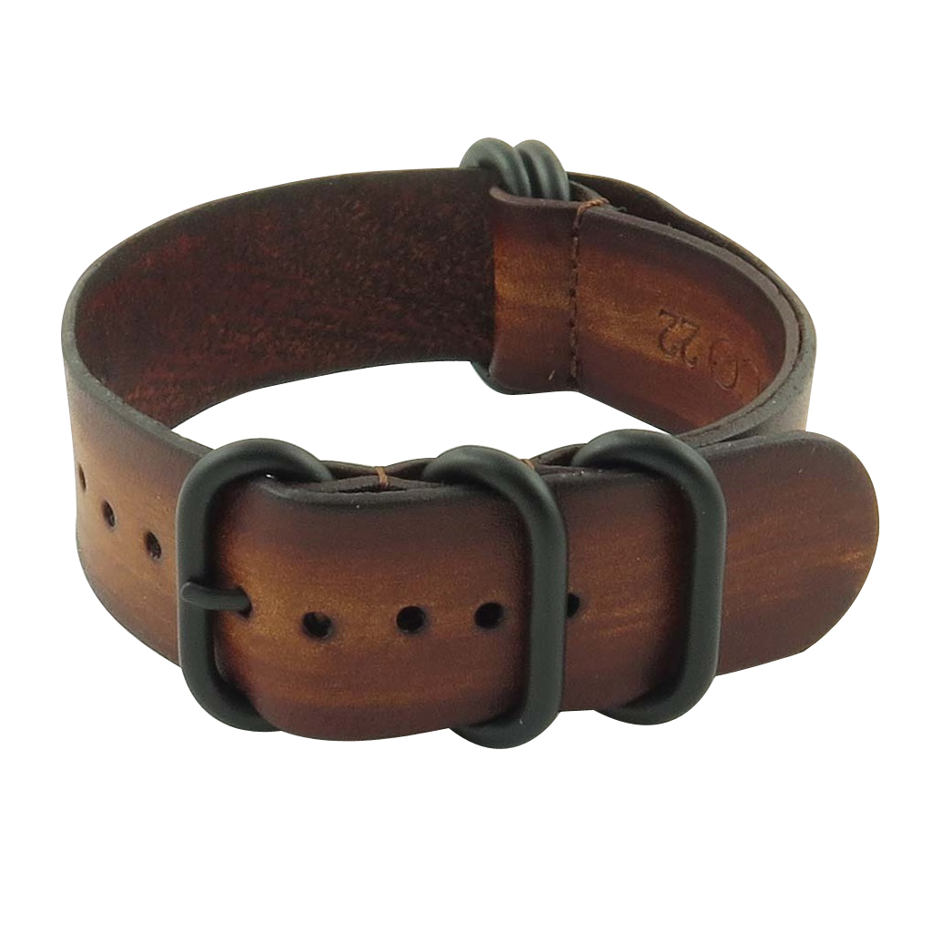 Distressed Leather Nato Strap In Brown With Heavy Duty Matte Black Rings
