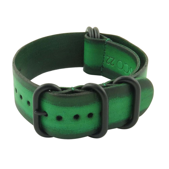 Distressed Leather Nato Strap In Green With Heavy Duty Matte Black Rings