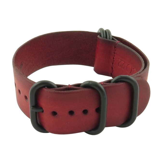 Distressed Leather Nato Strap In Red With Heavy Duty Matte Black Rings