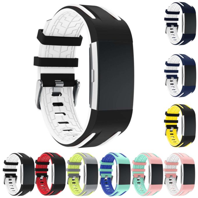 Fb.r24.1.22 Gallery Racing Stripe Rubber Watch Strap For Fitbit Charge 2 Black And White