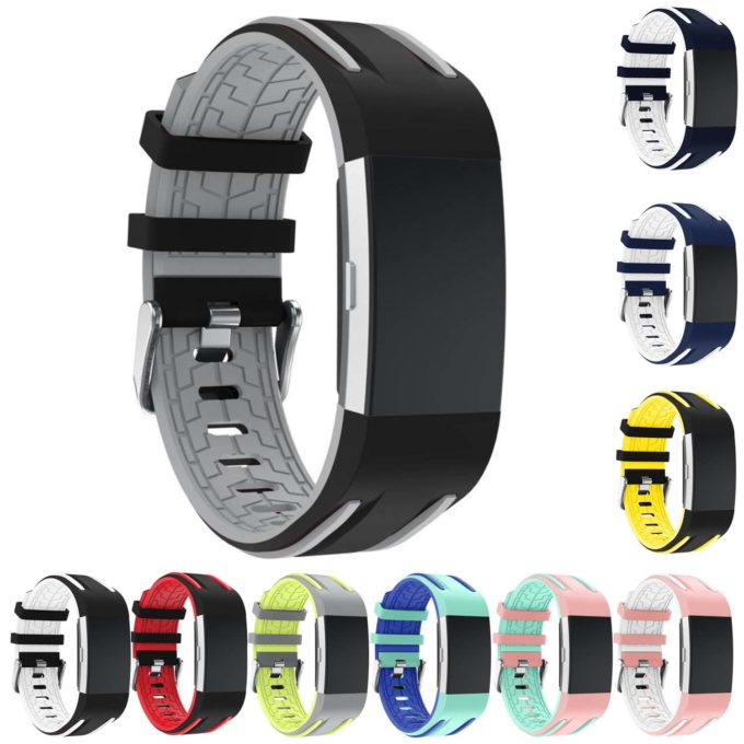 Fb.r24.1.7 Gallery Racing Stripe Rubber Watch Strap For Fitbit Charge 2 Black And Grey