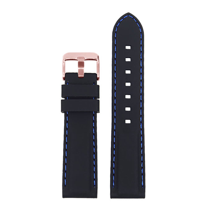 Pu1.1.5.rg Silcone Rubber Watch Strap In Black With Blue Stitching W Rose Gold Buckle 1