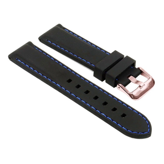 Pu1.1.5.rg Silcone Rubber Watch Strap In Black With Blue Stitching W Rose Gold Buckle