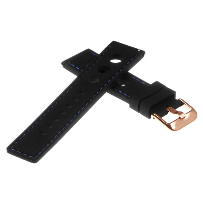 Pu11.1.5.rg Silicone Rally Strap In Black W Blue Stitching W Rose Gold Buckle 2
