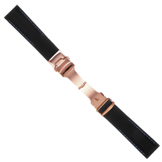 Rubber Strap In Black W Blue Stitching & Rose Gold Clasp