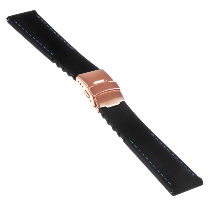 Rubber Strap In Black W Blue Stitching & Rose Gold Clasp