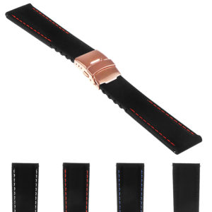 Rubber Strap In Black W Red Stitching & Rose Gold Clasp