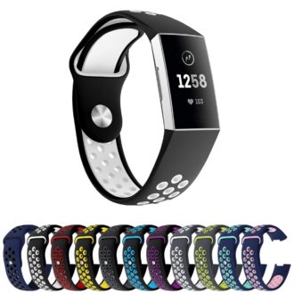 Fb.r34.1.22 Gallery Black White Perforated Silicone Rubber Replacement Watch Band Strap For Fitbit Charge 3