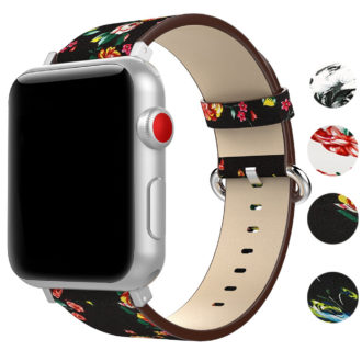 A.l11.1.6 Gallery Black & Red StrapsCo Leather Watch Band Strap With Peonies Floral Pattern For Apple Watch Series 1234 38mm 40mm 42mm 44mm