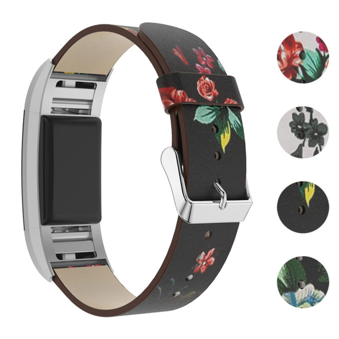 Fb.l7.1.6 Gallery Black & Red Peonies StrapsCo Leather Watch Band Strap With Peonies Floral Pattern For Fitbit Charge 2