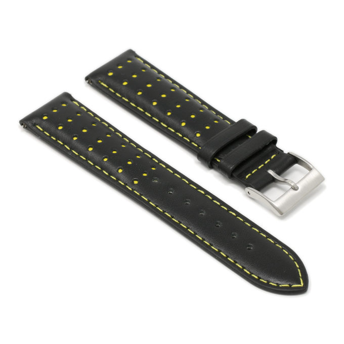 Ra8.1.10 Angle Black & Yellow DASSARI Perforated Leather Racing Rally Watch Band Quick Release Strap 18mm 20mm 22mm 24mm