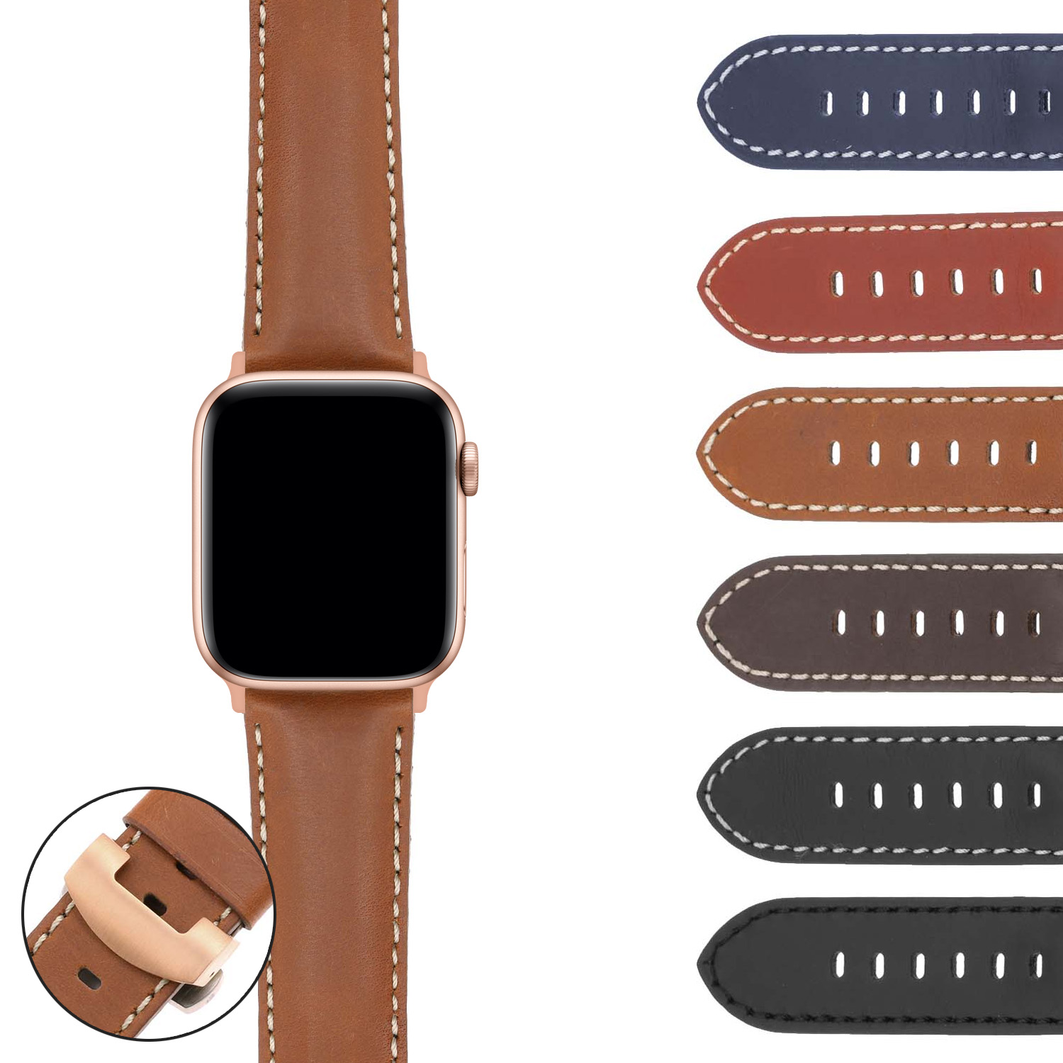 Dassari Smooth Leather Strap W Rose Gold Deployant Clasp For Apple Watch Strapsco