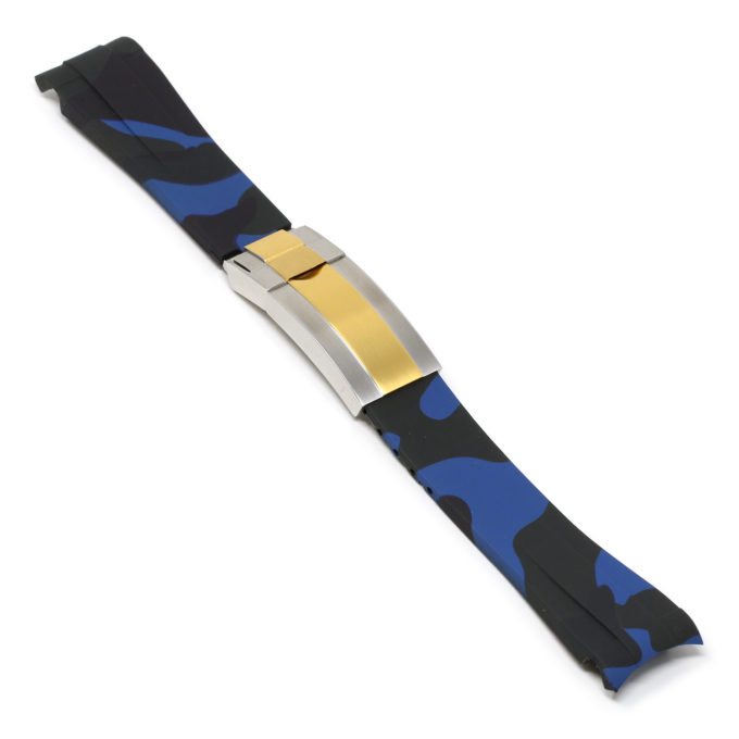 R.rx7.5.ss.yg Angle Blue Camo (Silver & Yellow Gold Clasp) StrapsCo Fitted Camo Rubber Watch Band Strap