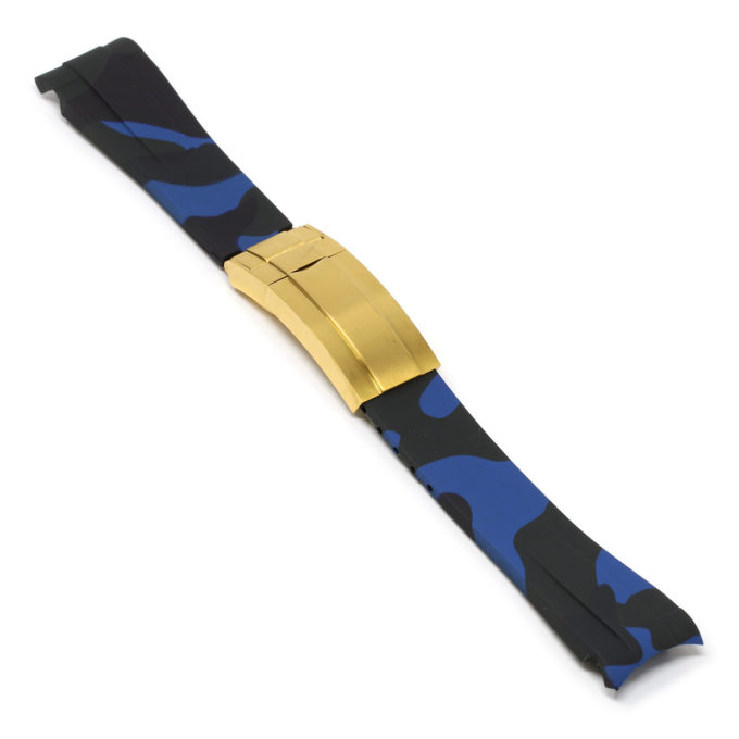 R.rx7.5.yg Angle Blue Camo (Yellow Gold Clasp) StrapsCo Fitted Camo Rubber Watch Band Strap