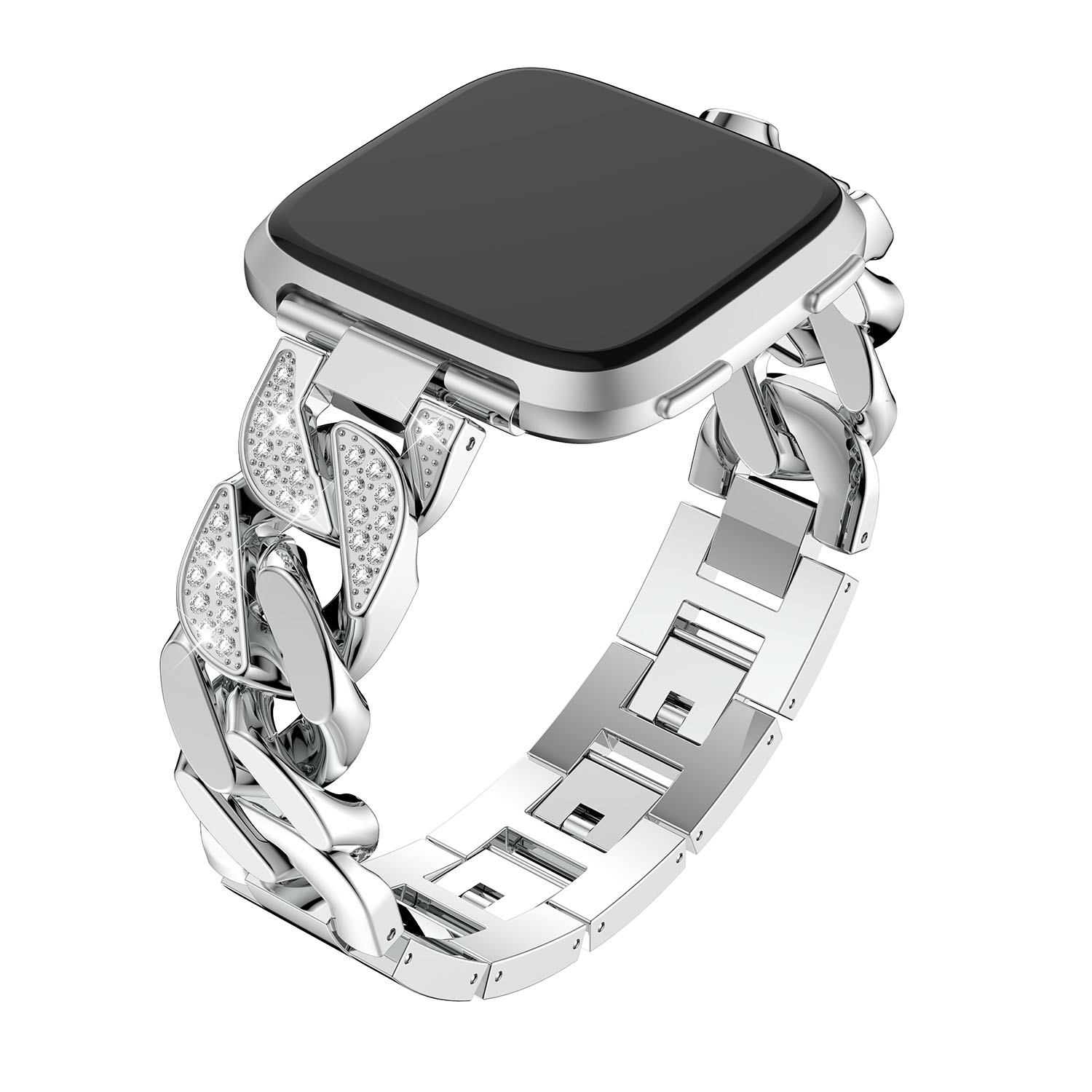 fb.m105.ss Main Silver StrapsCo Alloy Metal Link Watch Bracelet Band with Rhinestones for Fitbit Versa
