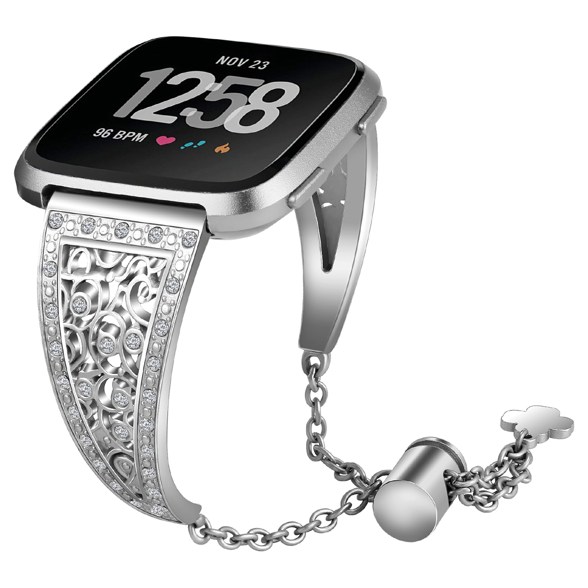 fb.m93.ss Main Silver StrapsCo Stainless Steel Adjustable Bracelet with Rhinestones for Fitbit Versa