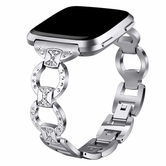 Fb.m98.ss Main Silver StrapsCo Stainless Steel Link Watch Band Strap With Rhinestones For Fitbit Versa