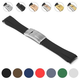 R.rx1.1.ss Gallery Black (Silver Clasp) StrapsCo Silicone Rubber Replacement Watch Band Strap For Rolex With Curved Ends