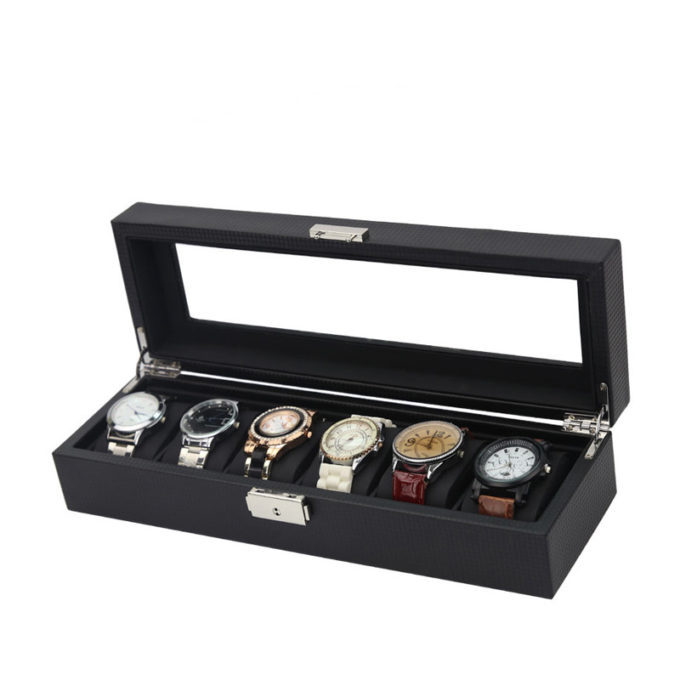 Key Locked Carbon Fiber Watch Box For 6 Watches
