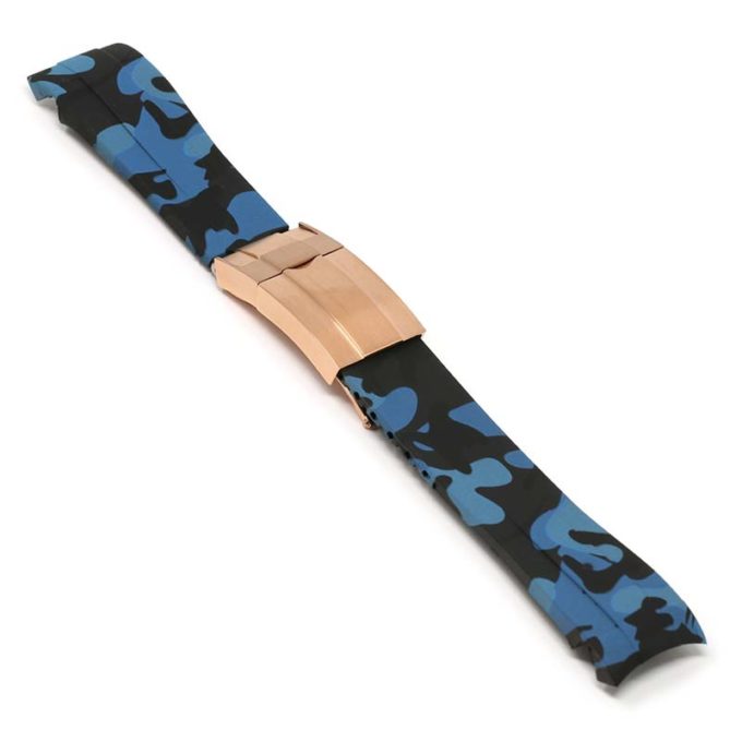 R.rx7.5.rg Angle Blue Camo (Rose Gold Clasp) StrapsCo Fitted Camo Rubber Watch Band Strap