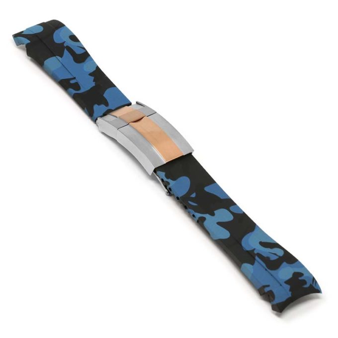 R.rx7.5.ss.rg Angle Blue Camo (Silver & Rose Gold Clasp) StrapsCo Fitted Camo Rubber Watch Band Strap