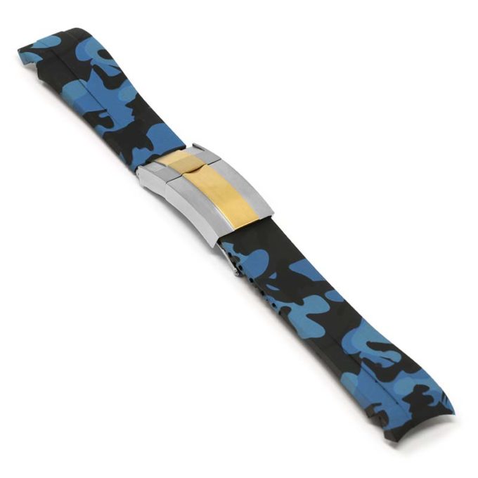 R.rx7.5.ss.yg Angle Blue Camo (Silver & Yellow Gold Clasp) StrapsCo Fitted Camo Rubber Watch Band Strap