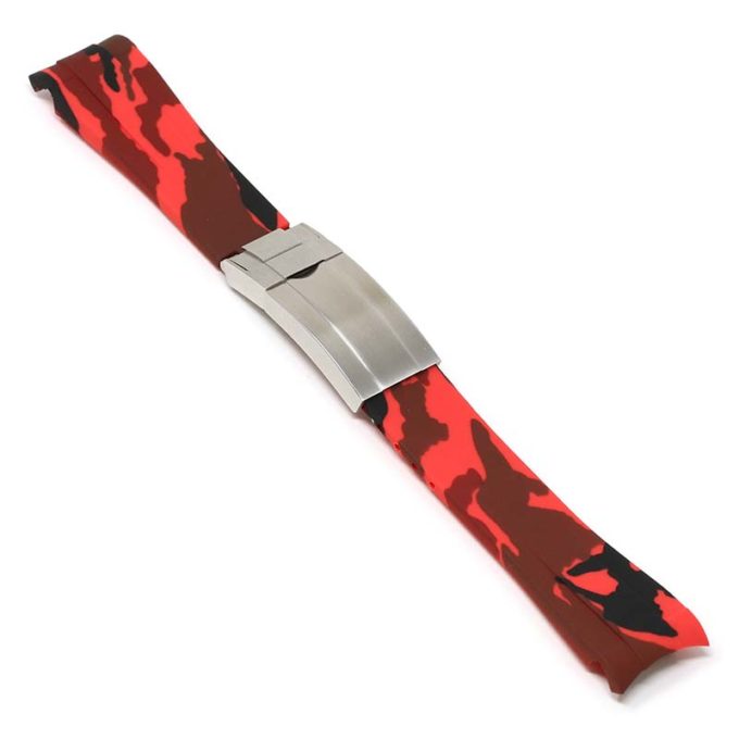 R.rx7.6.bs Angle Red Camo (Brushed Silver Clasp) StrapsCo Fitted Camo Rubber Watch Band Strap