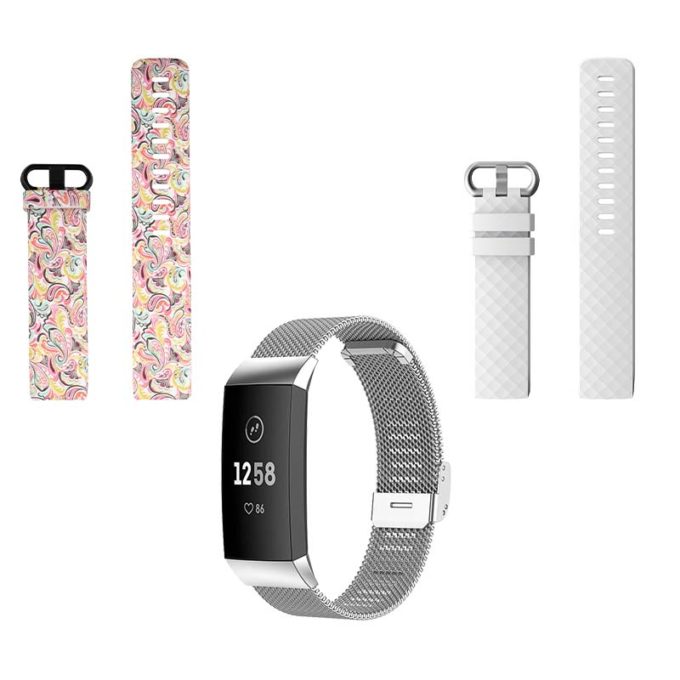 Womens Strap Bundle for Fitbit Charge 4 Charge 3 Light Paisley Silver White
