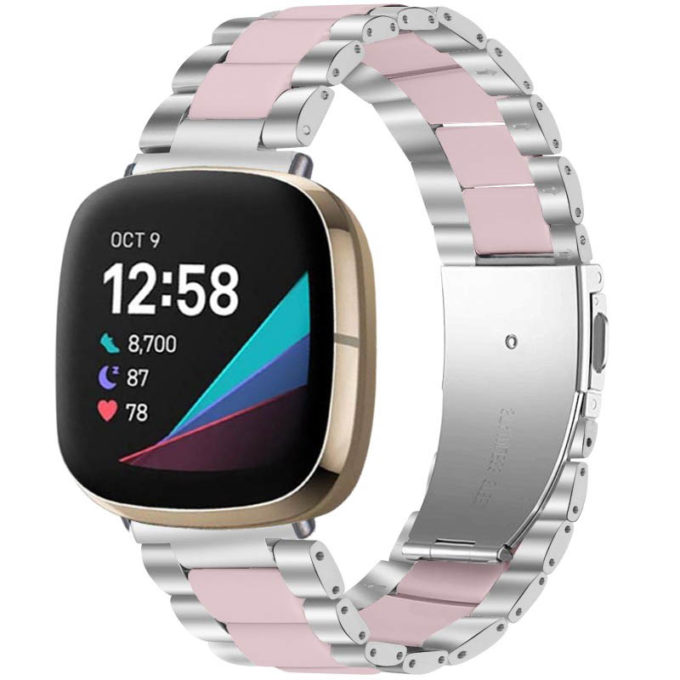 fb.m138.ss .13 Main Silver Pink StrapsCo Stainless Steel Resin Watch Band for Fitbit Sense Versa 3