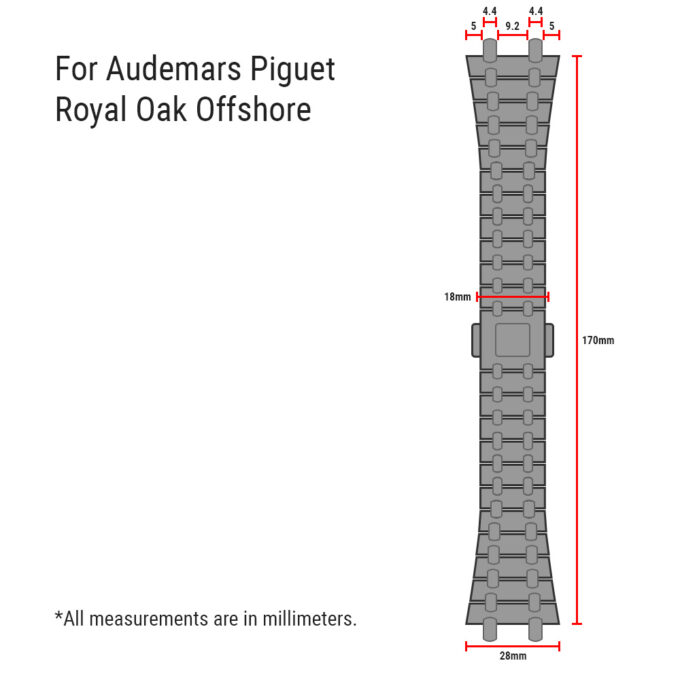 Diagram of dimensions for m.ap2 StrapsCo 28mm Stainless Steel Watch Band for Audemars Piguet Royal Oak Offshore