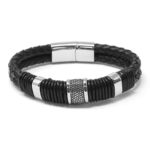 bx10.1.ps Main Black Silver Clasp StrapsCo Black Leather Rope Steel Bracelet Wristband Bangle with Silver Clasp