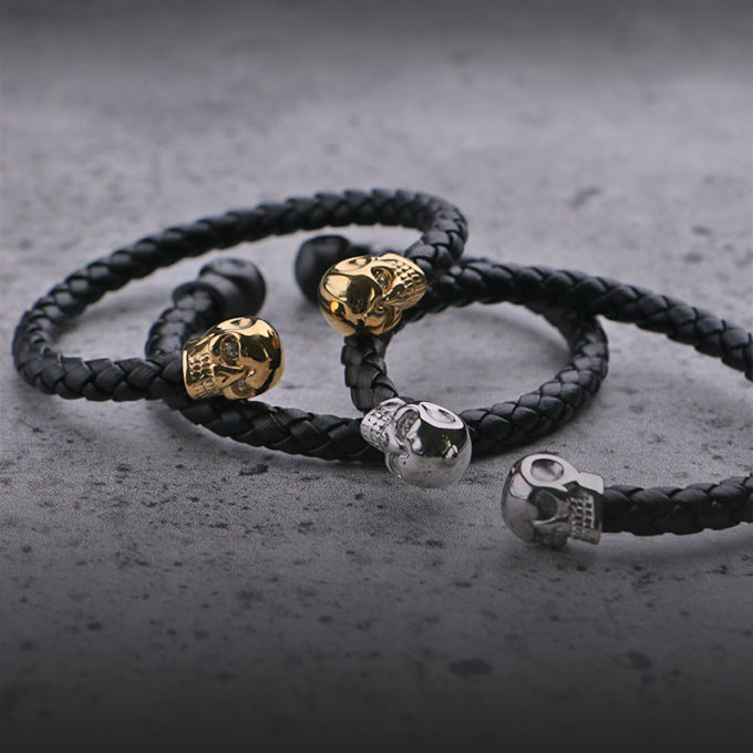 Bx7 Creative StrapsCo Braided Black Leather Bracelet Wristband Bangle With Skulls