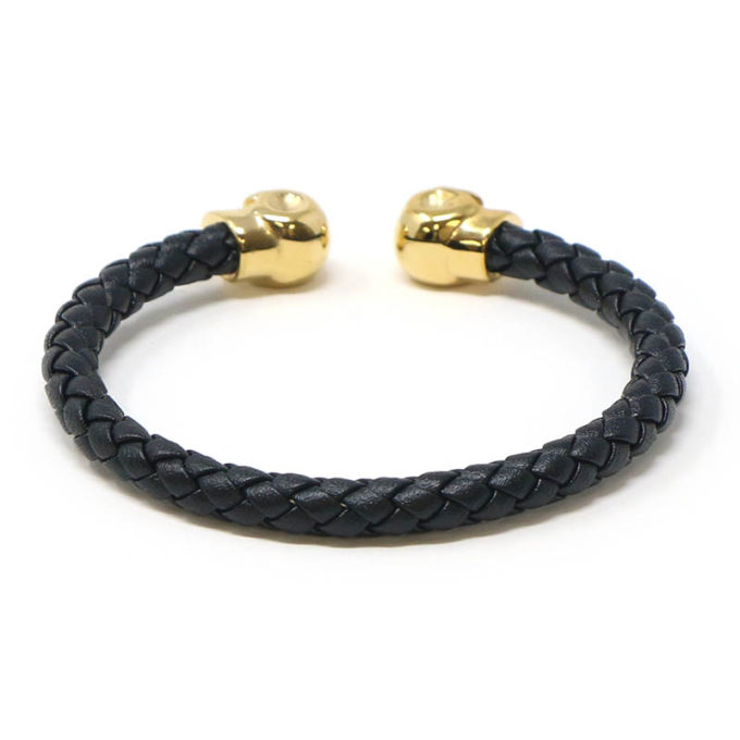 bx7.yg Back Black Yellow Gold Skulls StrapsCo Braided Black Leather Bracelet Wristband Bangle with Gold Skulls