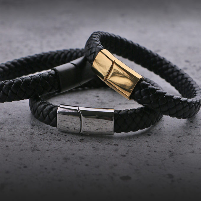 Bx8 Creative StrapsCo Wide Plaited Black Leather Bracelet Wristband With Clasp