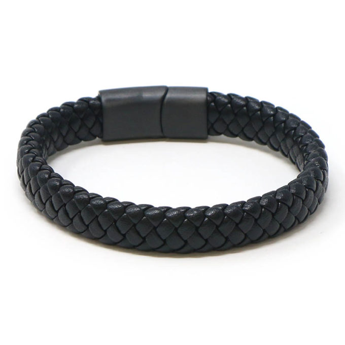 bx8.1.mb Back Black Matte Black Clasp StrapsCo Wide Plaited Black Leather Bracelet Wristband with Matte Black Clasp