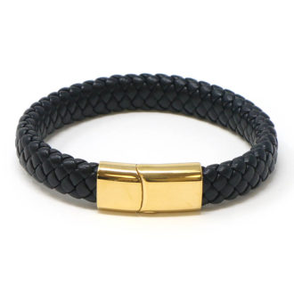 bx8.1.yg Main Black Yellow Gold Clasp StrapsCo Wide Plaited Black Leather Bracelet Wristband Bangle with Yellow Gold Clasp