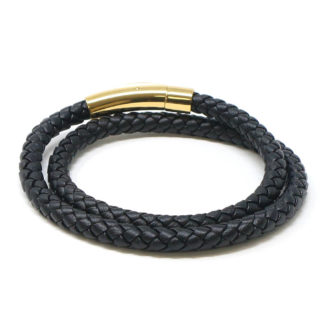 bx11.1.yg Main Black StrapsCo Black Leather Bolo Wrap Bracelet Wristband with Yellow Gold Clasp