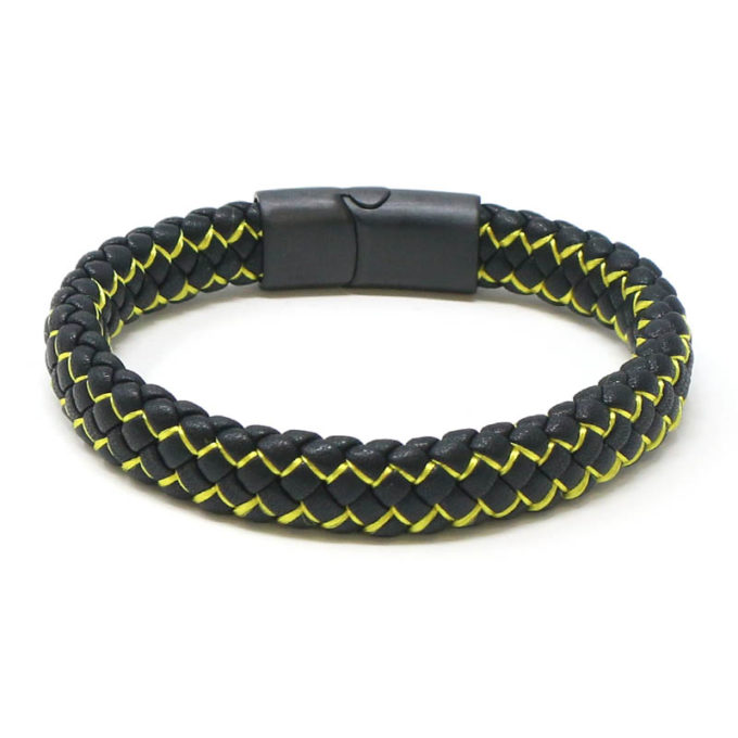 bx14.1.10.mb Back Black Yellow StrapsCo Plaited Two Tone Leather Bracelet with Black Clasp