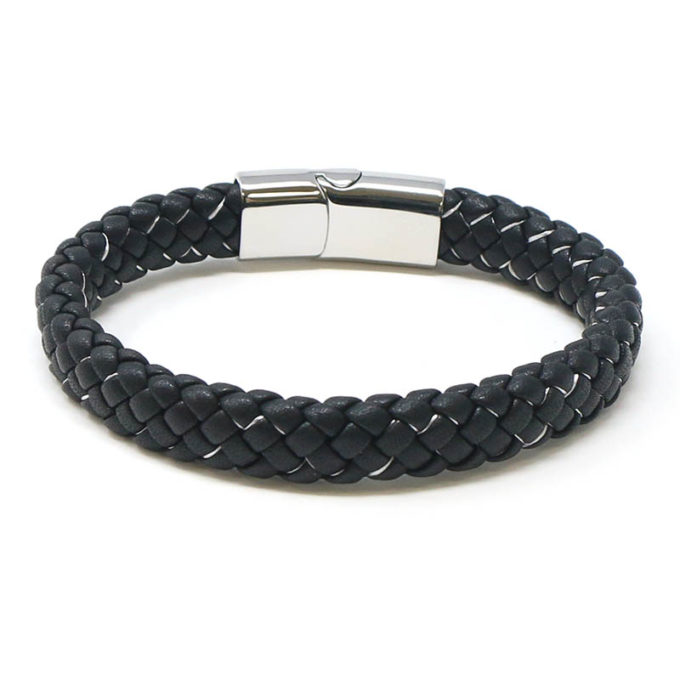 bx14.1.22.ps Back Black White StrapsCo Plaited Two Tone Leather Bracelet with Silver Clasp