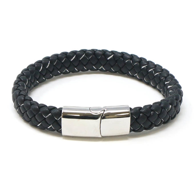 bx14.1.22.ps Main Black White StrapsCo Plaited Two Tone Leather Bracelet with Silver Clasp